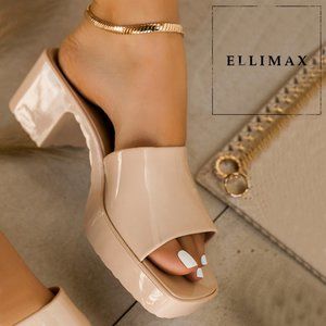 NEW🔥 Nude Square Open Toe Jelly Chunky Block Heel Platform Mules Clogs Sandals